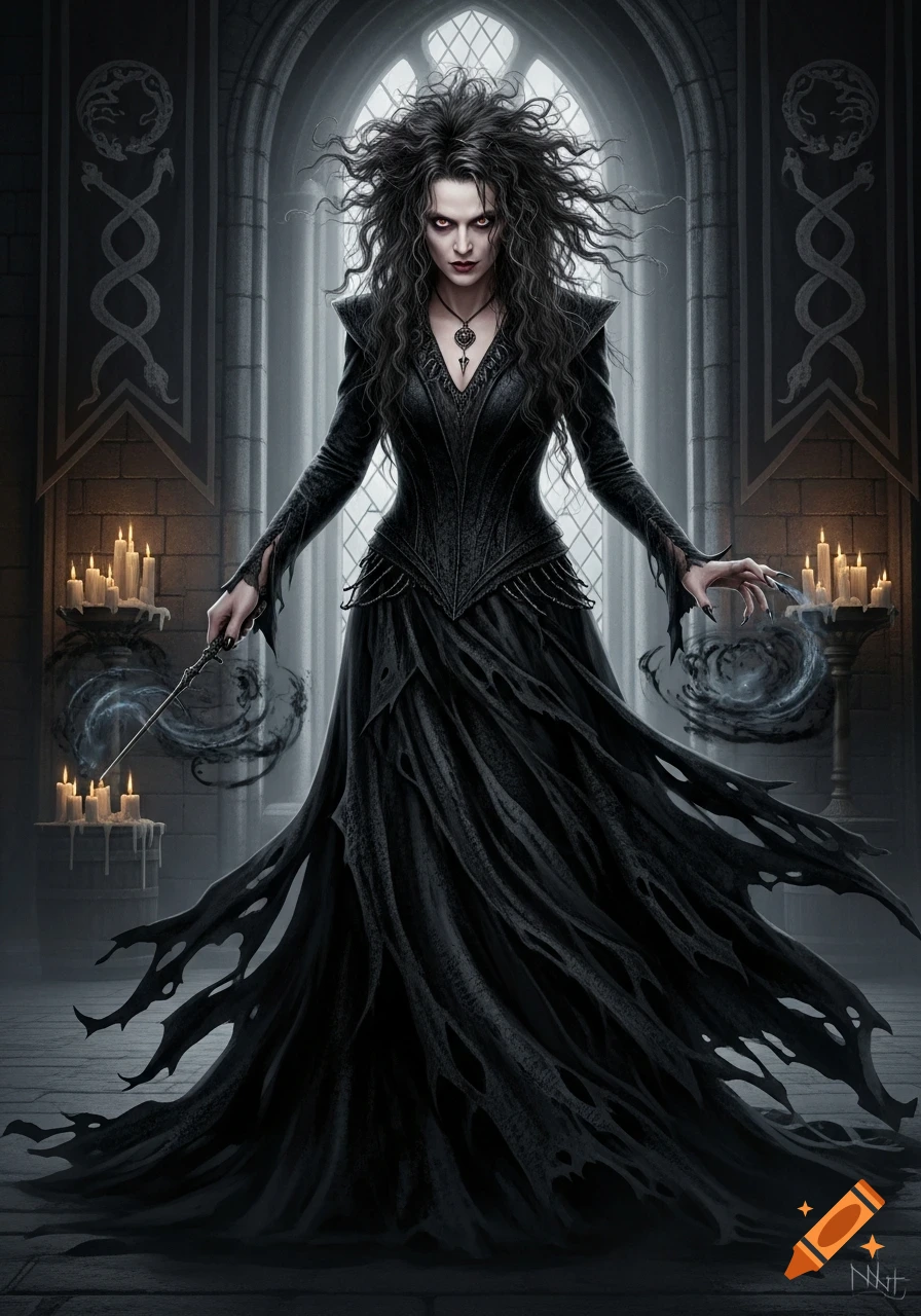Dark fantasy illustration of a woman resembling Bellatrix Lestrange in a tattered black gown, casting a spell in a gothic chamber.