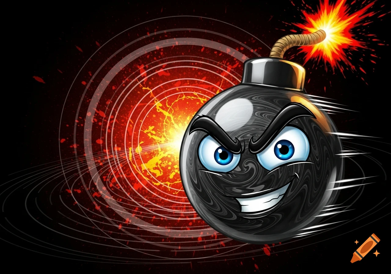 A cartoon bomb with a mischievous face and lit fuse, surrounded by a red and orange explosive background.