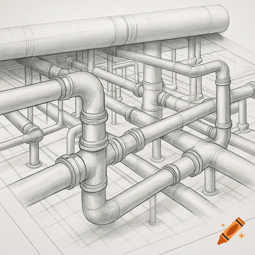 Isometric technical drawing of a complex network of industrial pipelines and connecting pipes on a grid floor.