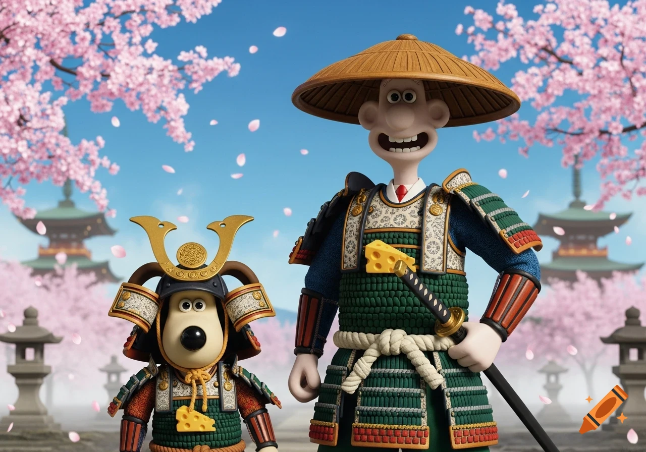 Wallace and Gromit in samurai armor, with Wallace holding a katana, standing under blooming cherry blossoms and Japanese pagodas.