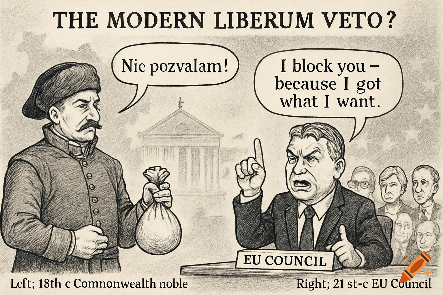 A political cartoon in sketch style titled 'The Modern Liberum Veto?'. A 18th-century noble says 'Nie pozwalam!' while a modern EU Council member, Viktor Orbán, says 'I block you – because I got what I want.'