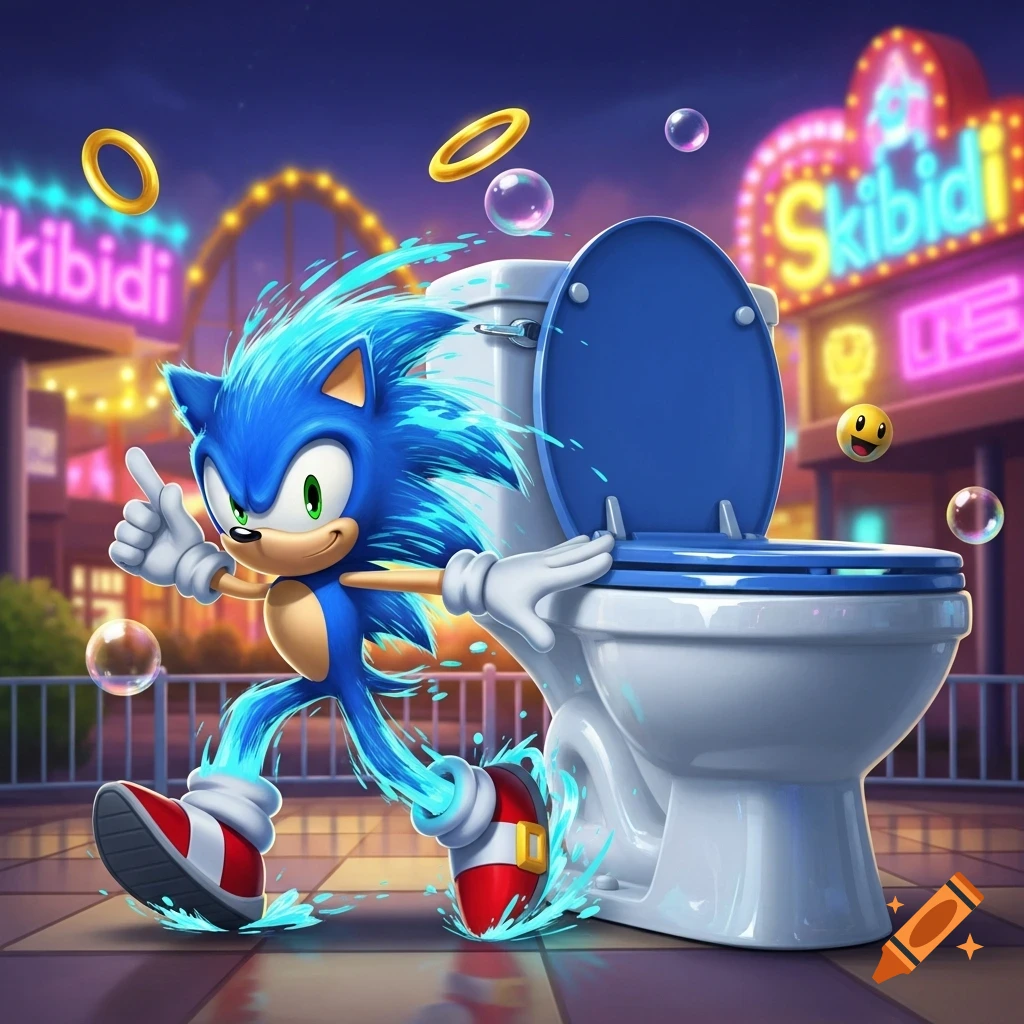 Sonic the Hedgehog runs and splashes water next to an open toilet, with neon 'Skibidi' signs and a carnival in the background at night.