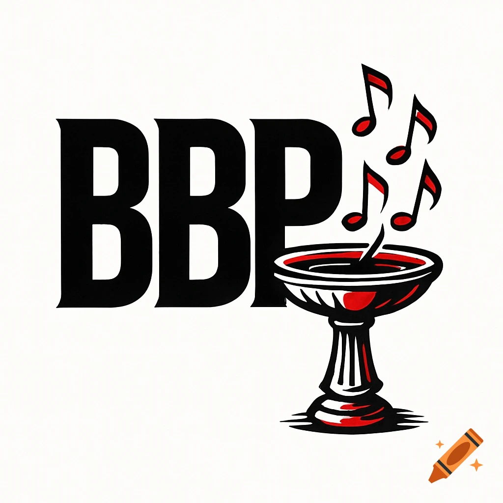 Minimalist black and red band logo with BBP letters, a stylized bird bath, and musical notes.