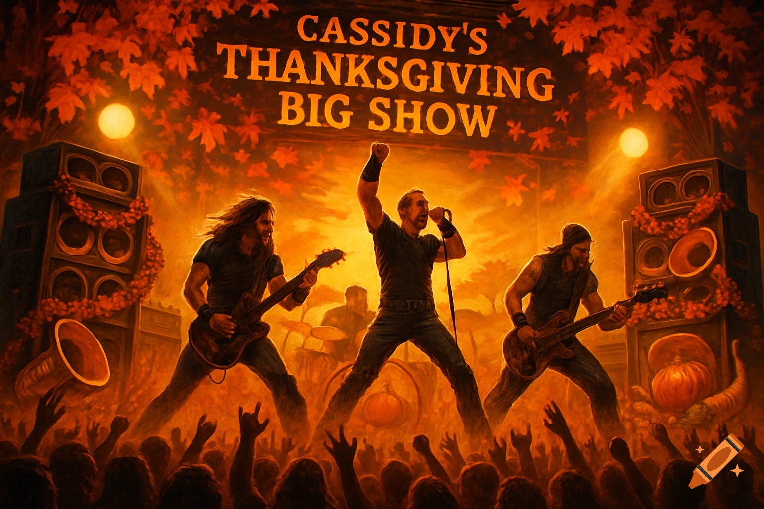 A rock band performs on stage under a banner reading 'CASSIDY'S THANKSGIVING BIG SHOW', surrounded by autumn leaves.