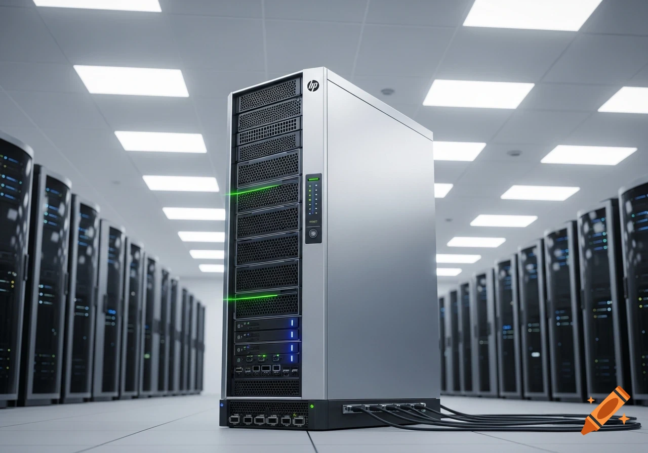 A large, modern silver server stands prominently in a long aisle of dark server racks within a brightly lit data center.