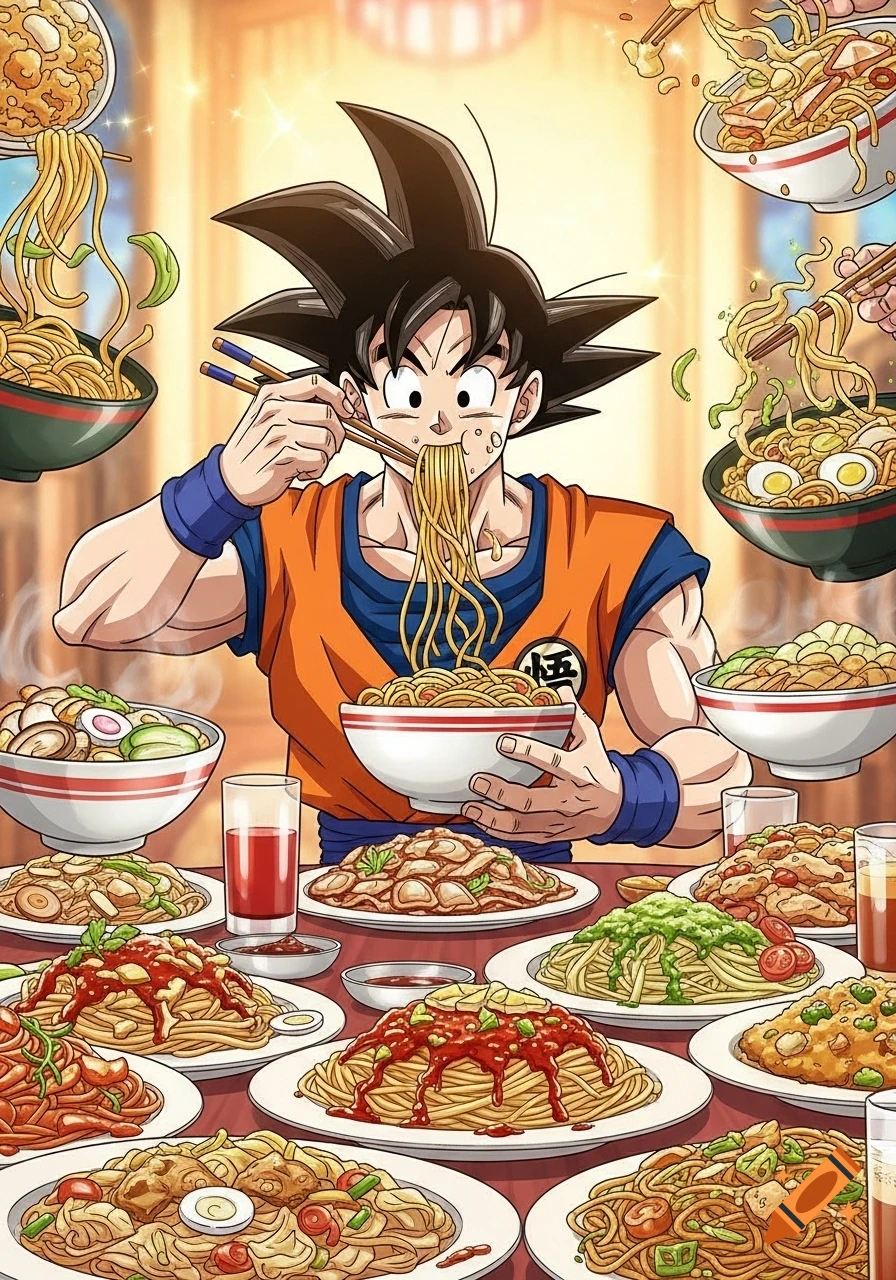 Goku from Dragon Ball Z happily eating a massive spread of different noodle dishes at a table, with several bowls of noodles floating around him.