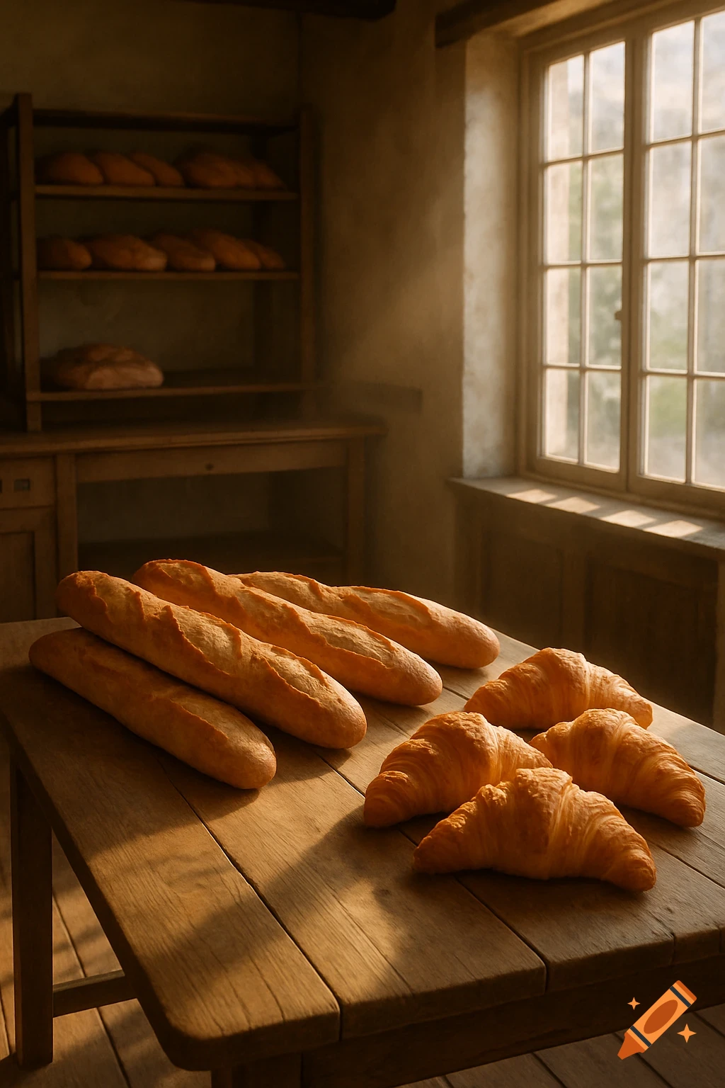 Fresh baguettes and croissants on a wooden table in a warm, rustic French bakery with soft morning light.
