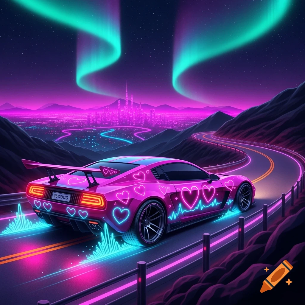 A pink synthwave car with neon heart lights drives on a winding mountain road overlooking a futuristic pink city under a green aurora sky.