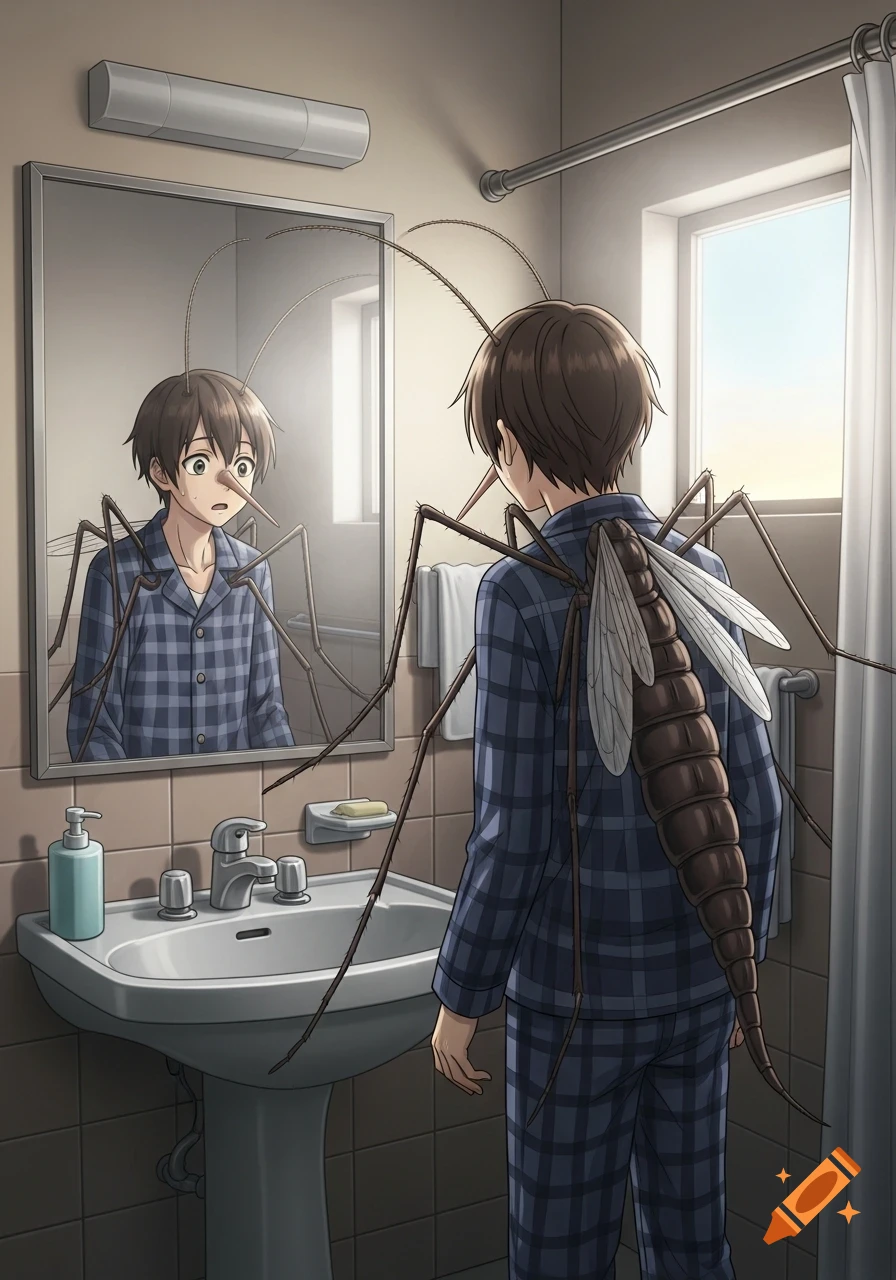 An anime boy in plaid pajamas looks shocked in a bathroom mirror, his reflection showing a mosquito-like proboscis, antennae, and limbs.