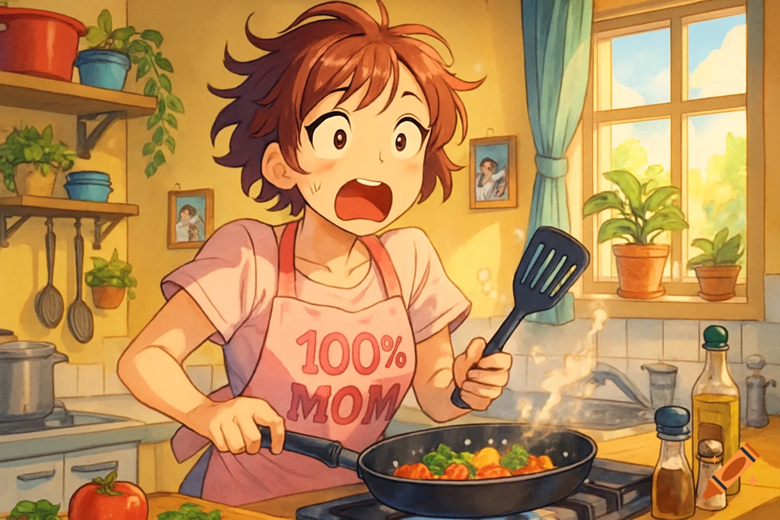 An anime drawing of a young mother in a pink '100% MOM' apron, cooking in a kitchen with a shocked expression.