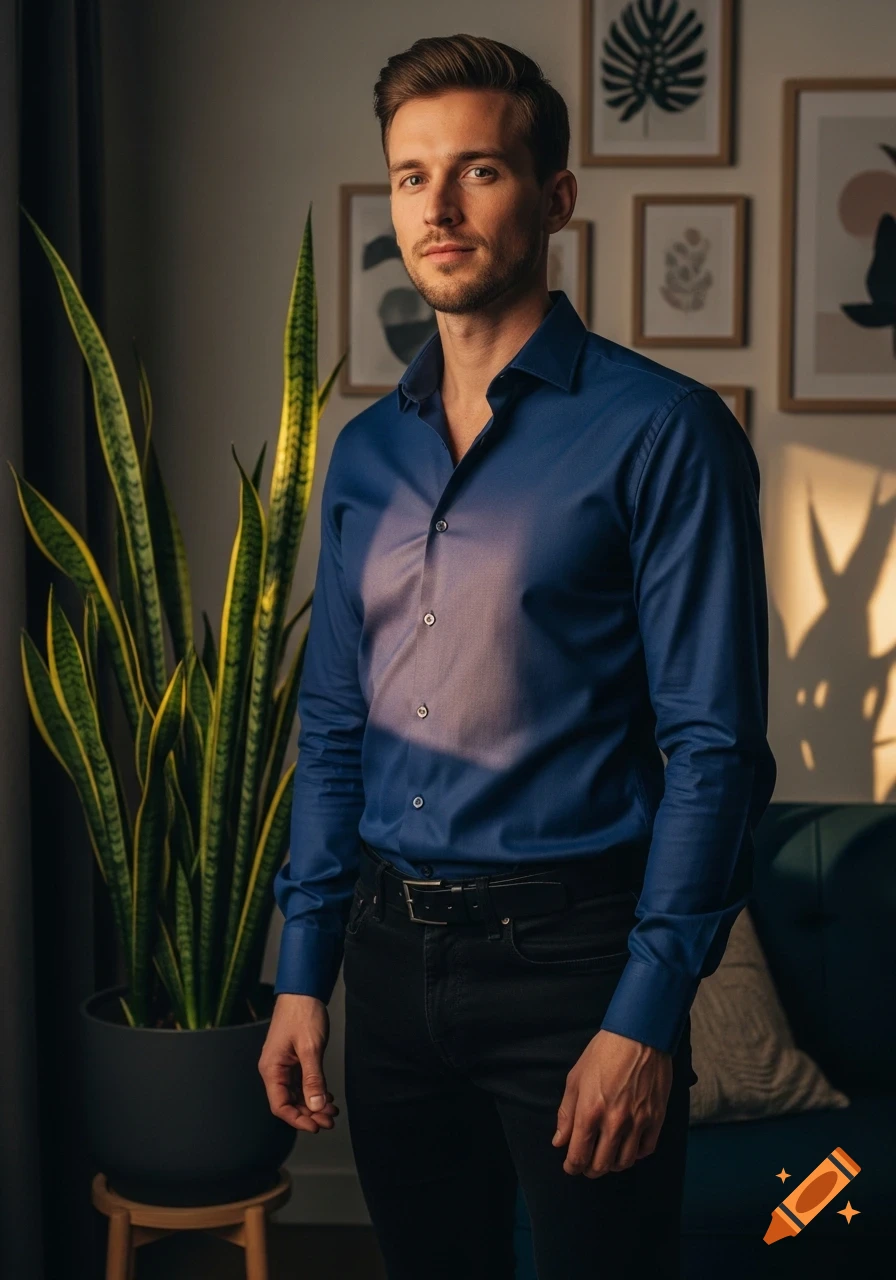 Photorealistic image of a man in a blue shirt and black jeans standing by a snake plant, with framed art on the wall.