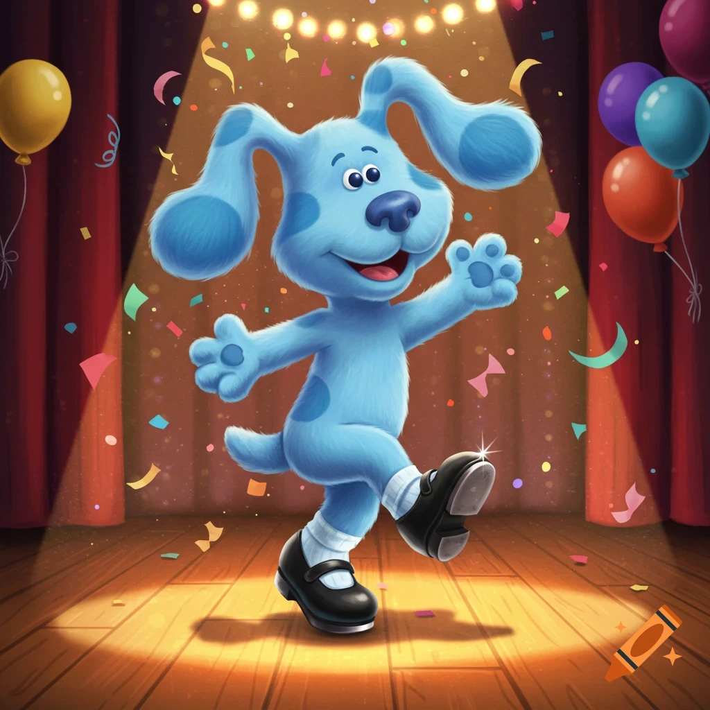 Blue from Blue's Clues tap dancing on a stage under a spotlight, with falling confetti and balloons.