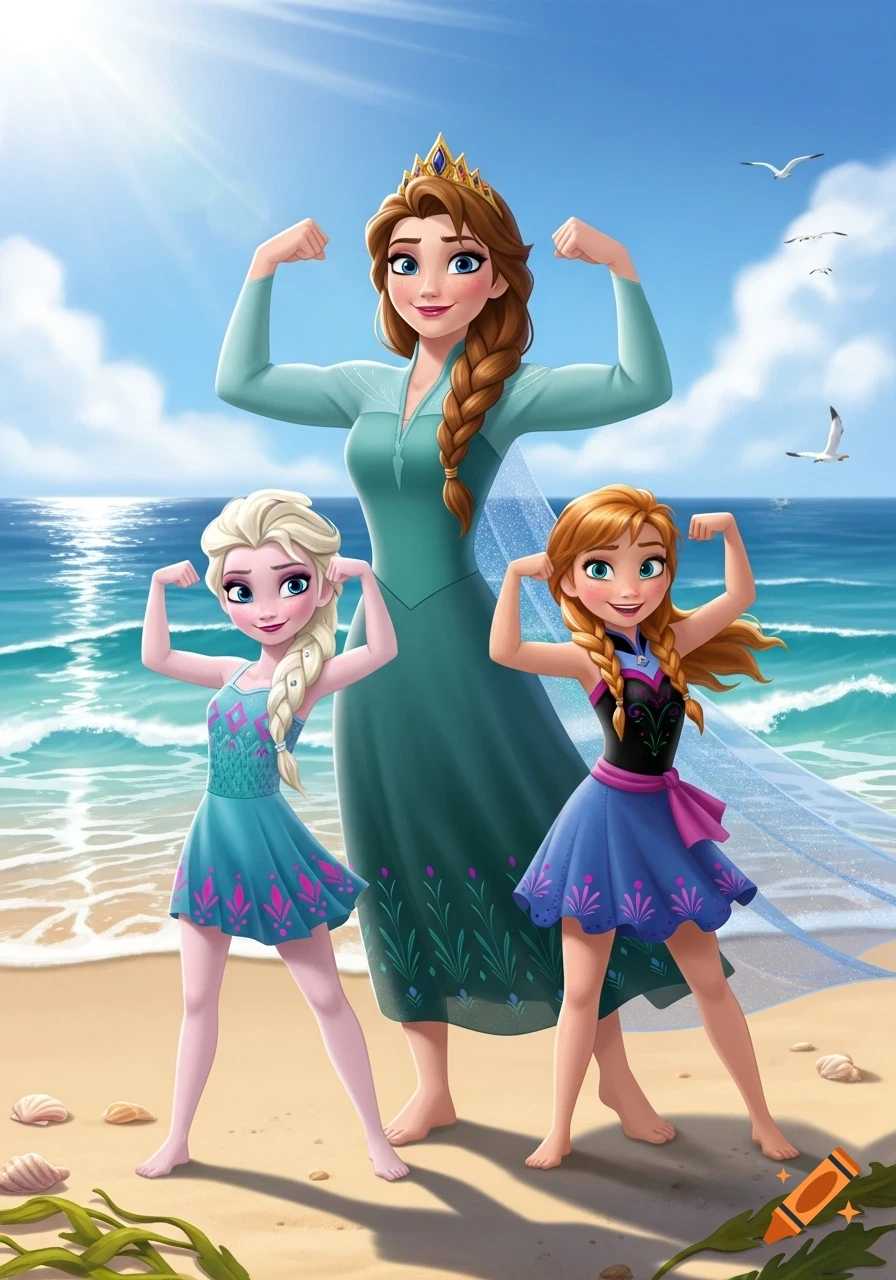 Elsa's mother, Elsa, and Anna from Frozen flex their muscles on a sunny beach in a cartoon style.