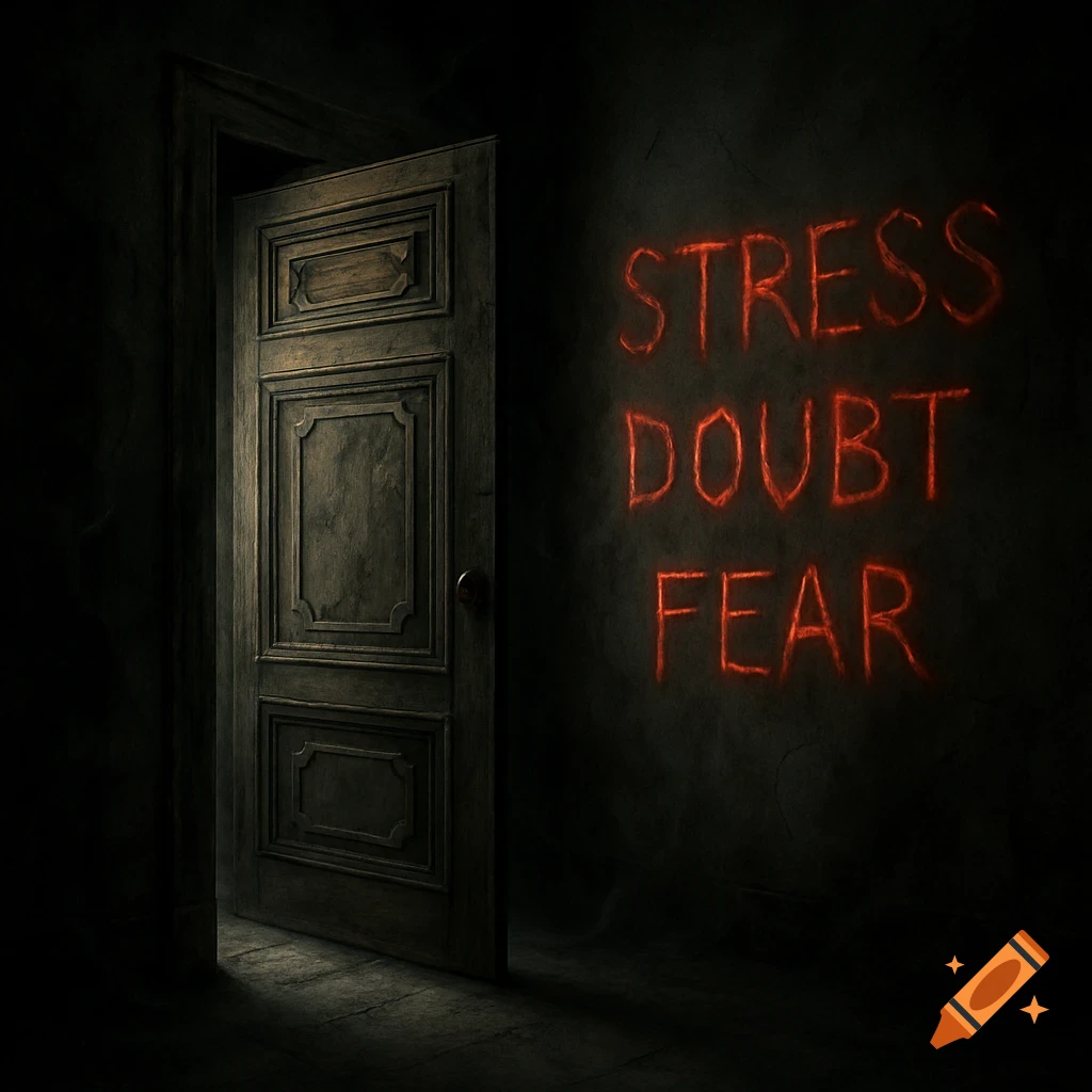 A dark, ominous room with an old wooden door slightly ajar, and the words 'STRESS DOUBT FEAR' written in glowing red on the adjacent wall.
