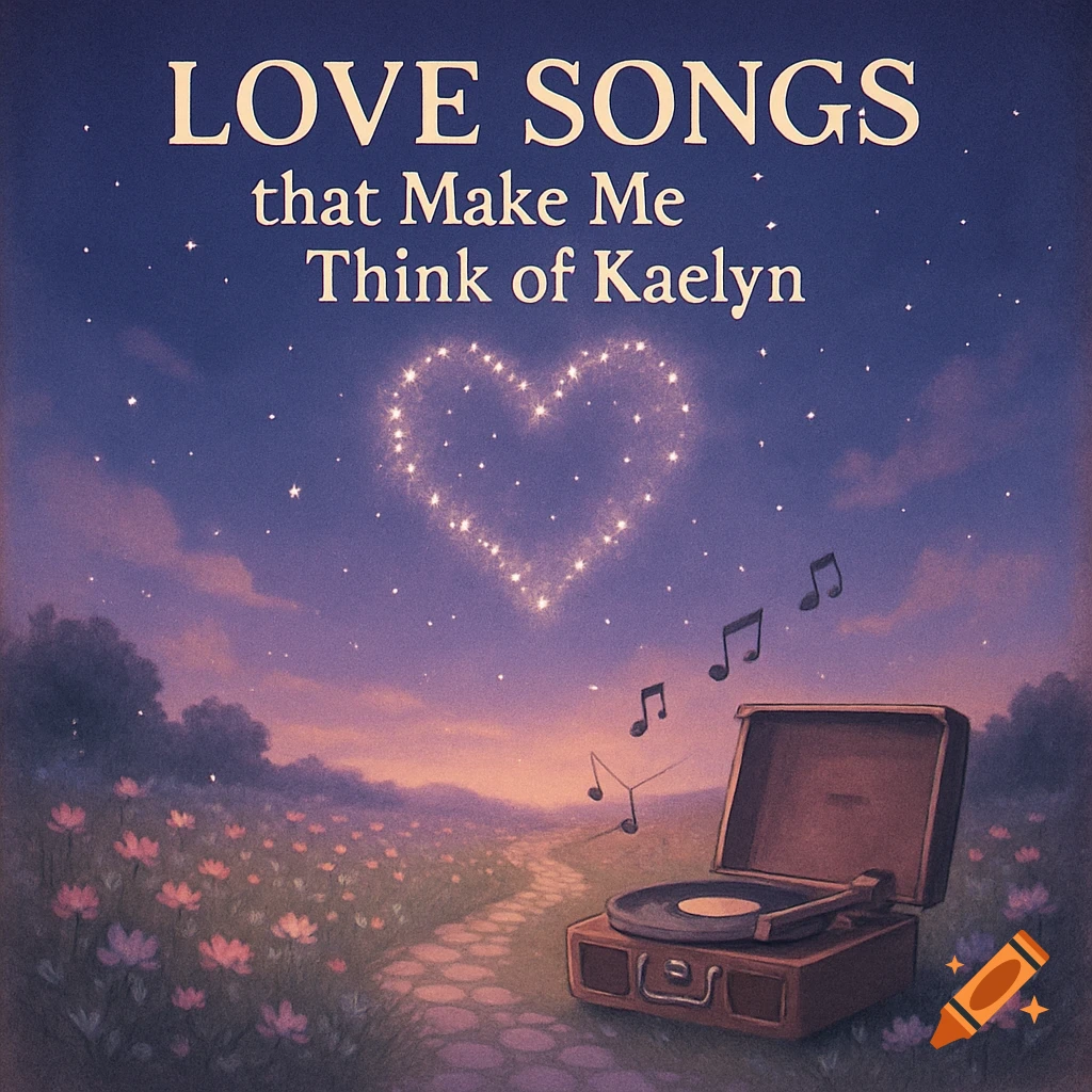 Album cover 'LOVE SONGS that Make Me Think of Kaelyn'. Twilight landscape with a starry heart, flowers, and a record player.