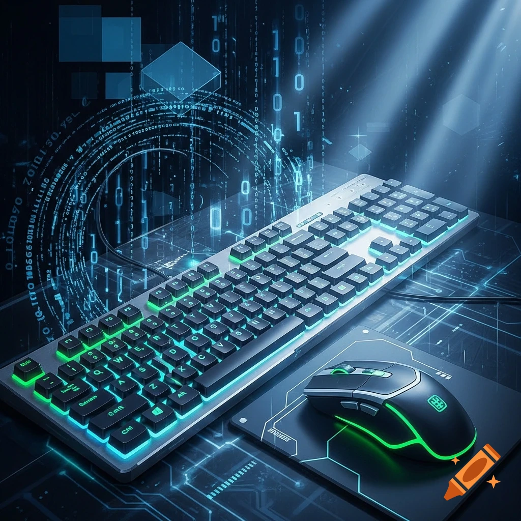 A modern, backlit computer keyboard and mouse on a circuit board, with glowing binary code and digital elements in the background.