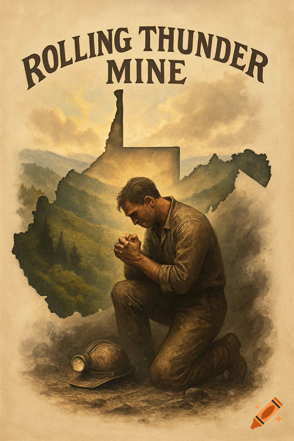 Vintage poster-style illustration of a praying coal miner kneeling before a mine against a West Virginia state outline, with "ROLLING THUNDER MINE" text.