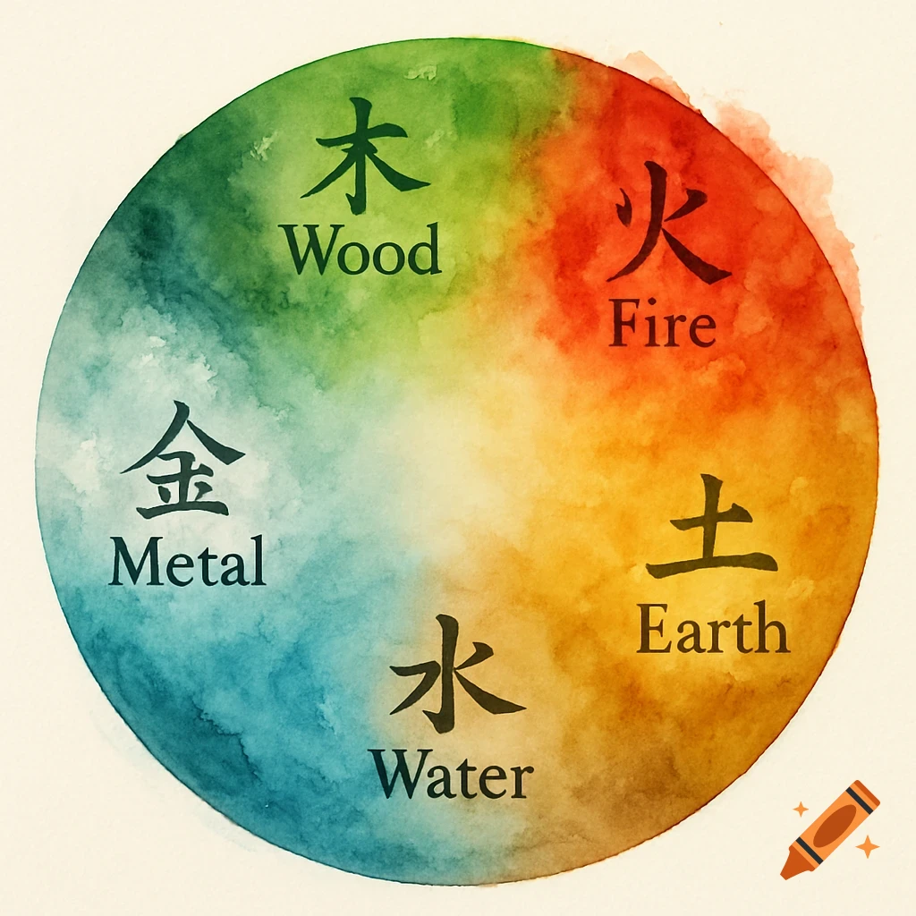 A circular watercolor illustration of the five elements, Wood, Fire, Earth, Metal, and Water, each labeled in English and Chinese.