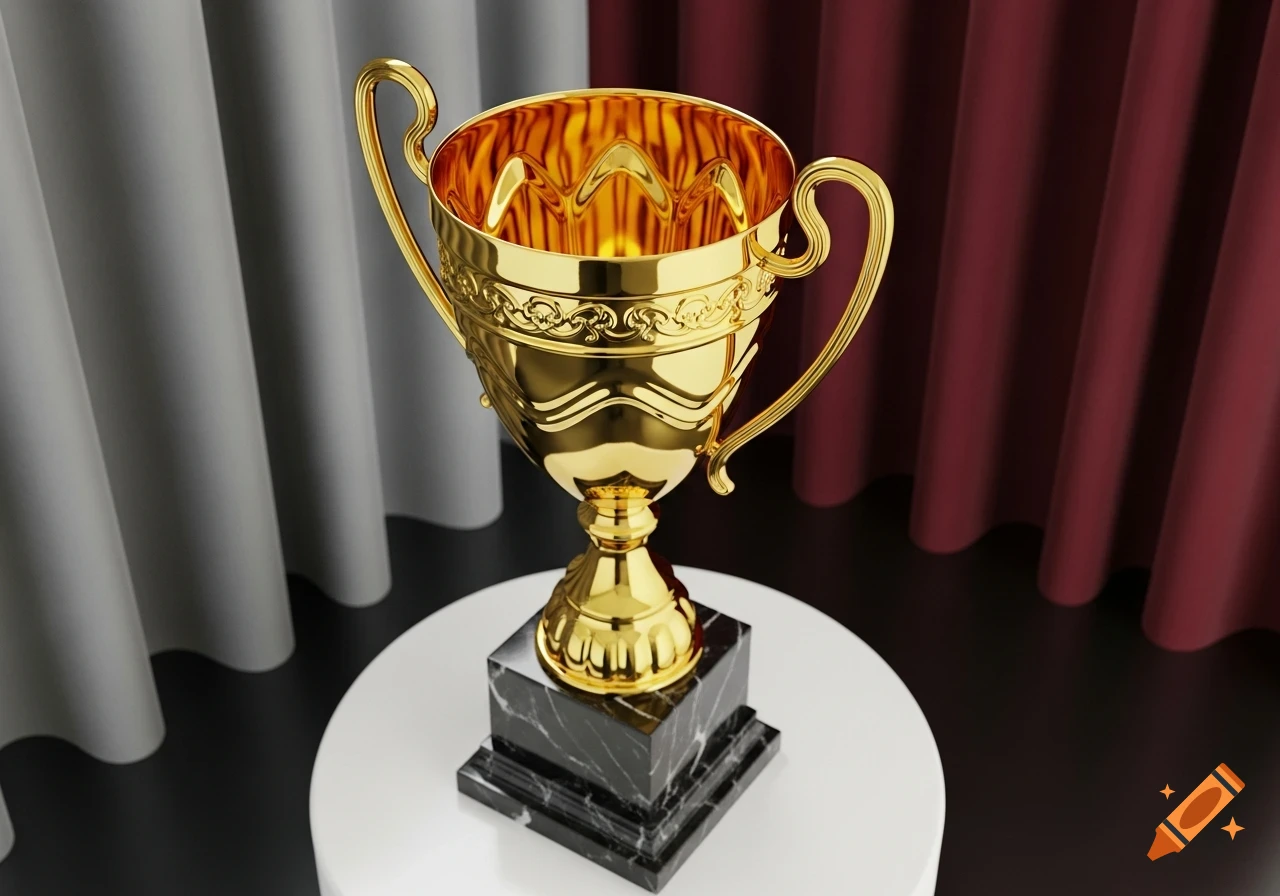 Shiny gold trophy with intricate details on a black marble base and white pedestal, against grey and maroon curtains.