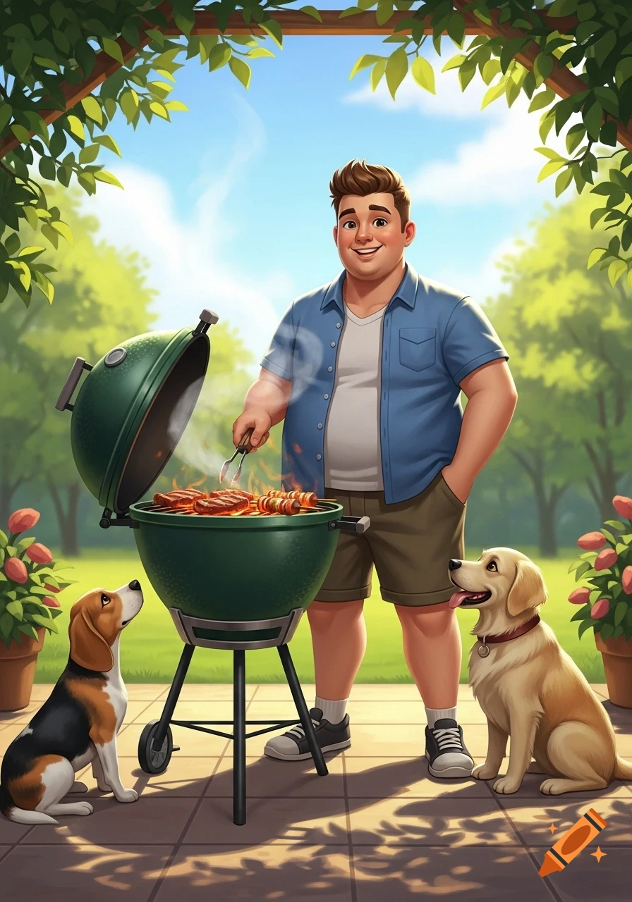 A smiling, overweight man grills steaks and kebabs on a green charcoal grill in a sunny backyard, flanked by a beagle and a golden retriever begging for food, in a cartoon style.