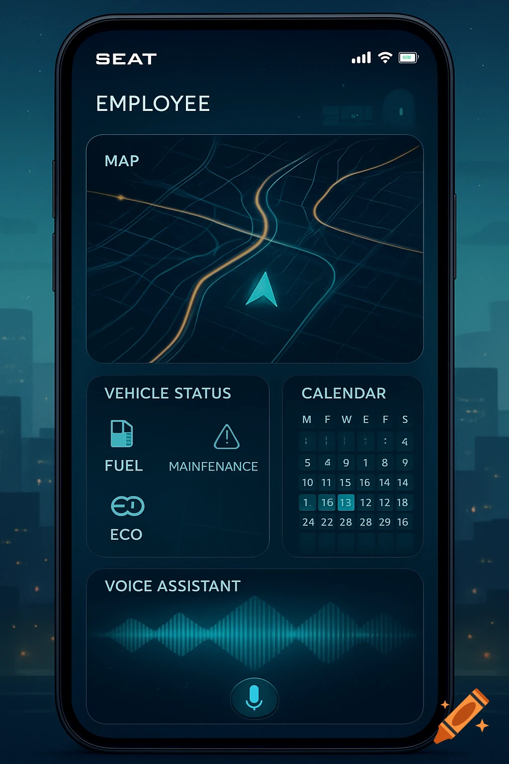 A smartphone displaying a dark-themed car-smart mobile app with sections for a map, vehicle status (fuel, maintenance, eco), a calendar, and a voice assistant with a pulsing waveform.