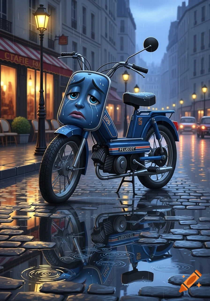 A sad, personified blue moped with tears on a wet cobblestone street, reflecting in puddles under city lights.