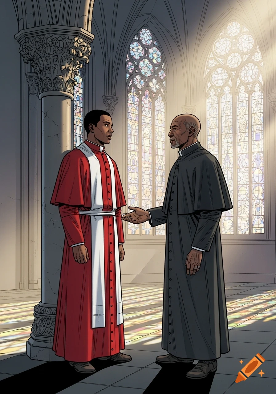 Two men in religious robes, one red and white, one black, speak in a graphic novel style church with large stained glass windows.