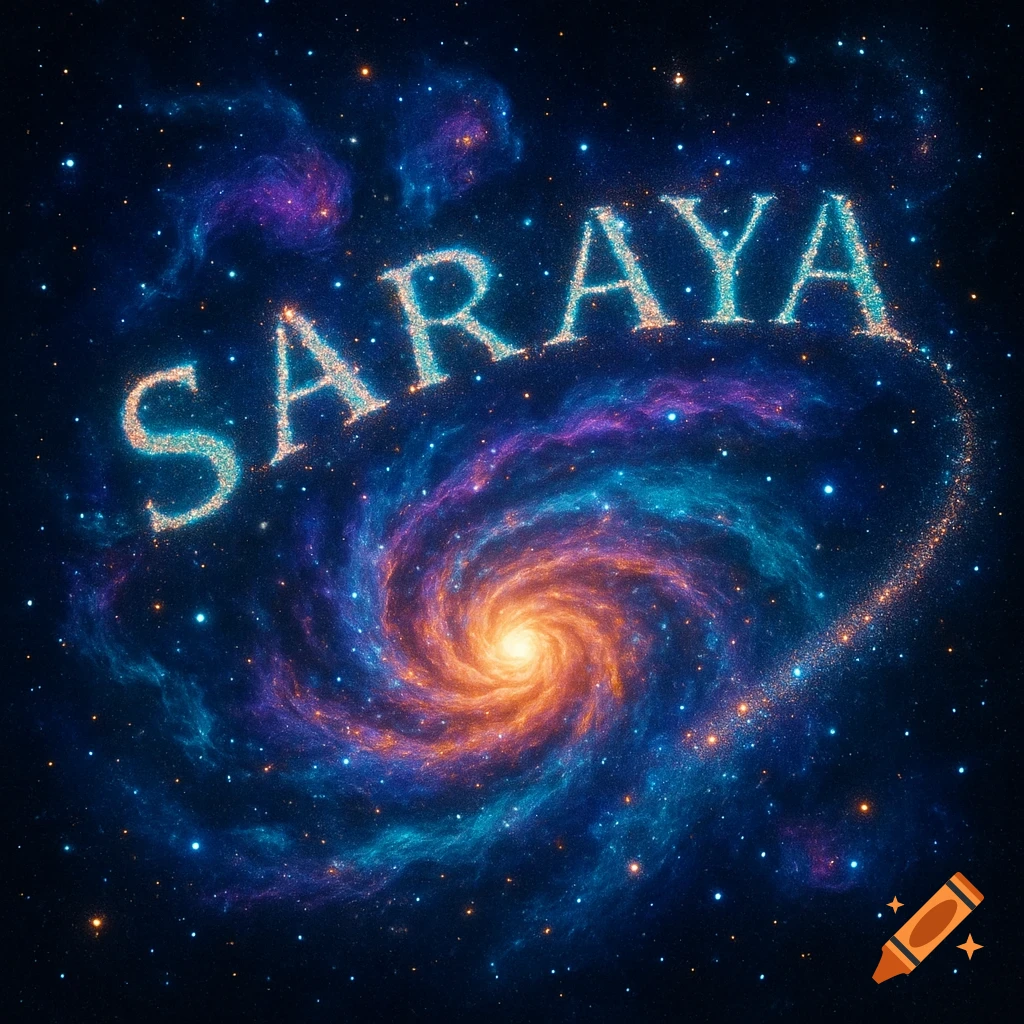 The word SARAYA spelled out in sparkling stars and nebulae above a vibrant, swirling galaxy.