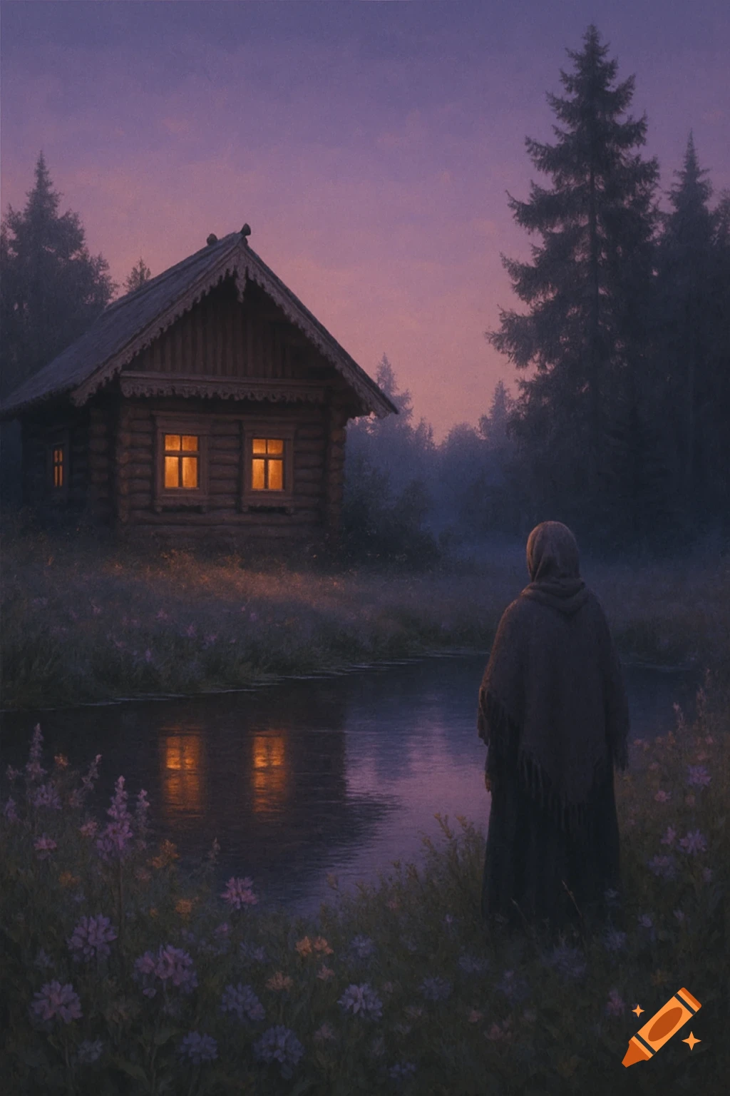 A hooded figure stands by a pond at twilight, gazing at a rustic wooden cabin with illuminated windows in a dark forest.