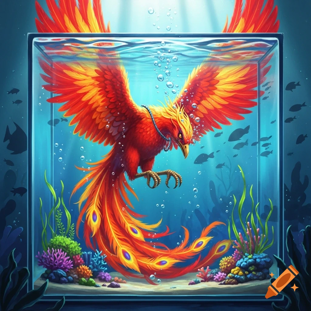 A vibrant red and orange phoenix with spread wings and a long feathered tail is submerged in a clear aquarium among colorful coral and fish.
