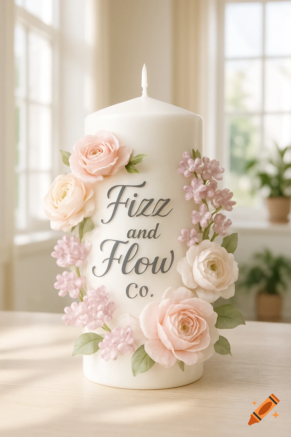 A white decorative candle adorned with delicate pink and cream flowers and green leaves, displaying "Fizz and Flow Co." text, in a bright room.