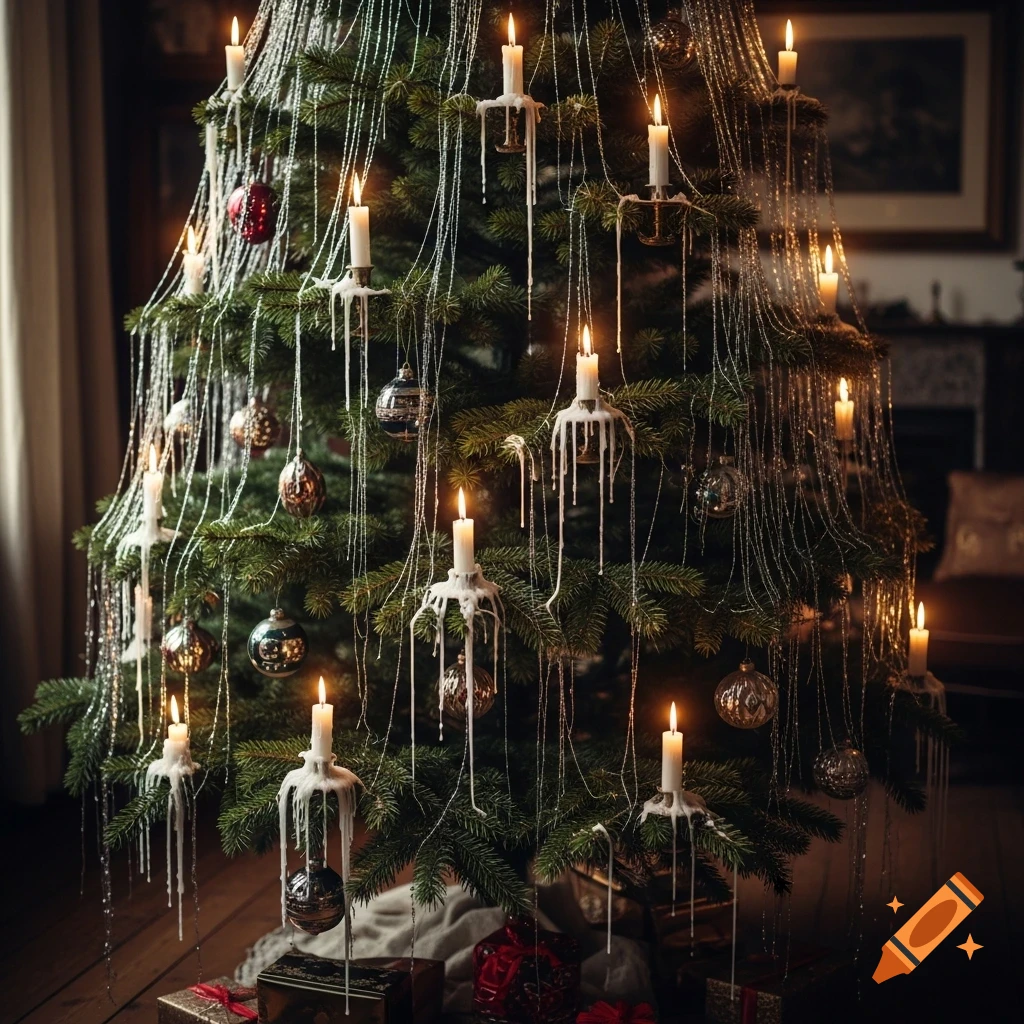 Photorealistic image of a vintage Christmas tree with lit candles, dripping wax, sparkling tinsel, and ornaments, with presents at the base.