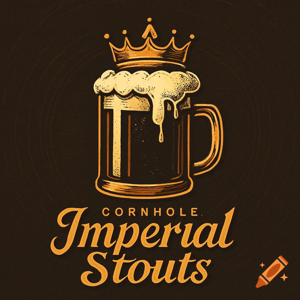 Vintage logo of a golden beer mug with a crown and foam, above text that reads 'CORNHOLE. Imperial Stouts' on a dark background.