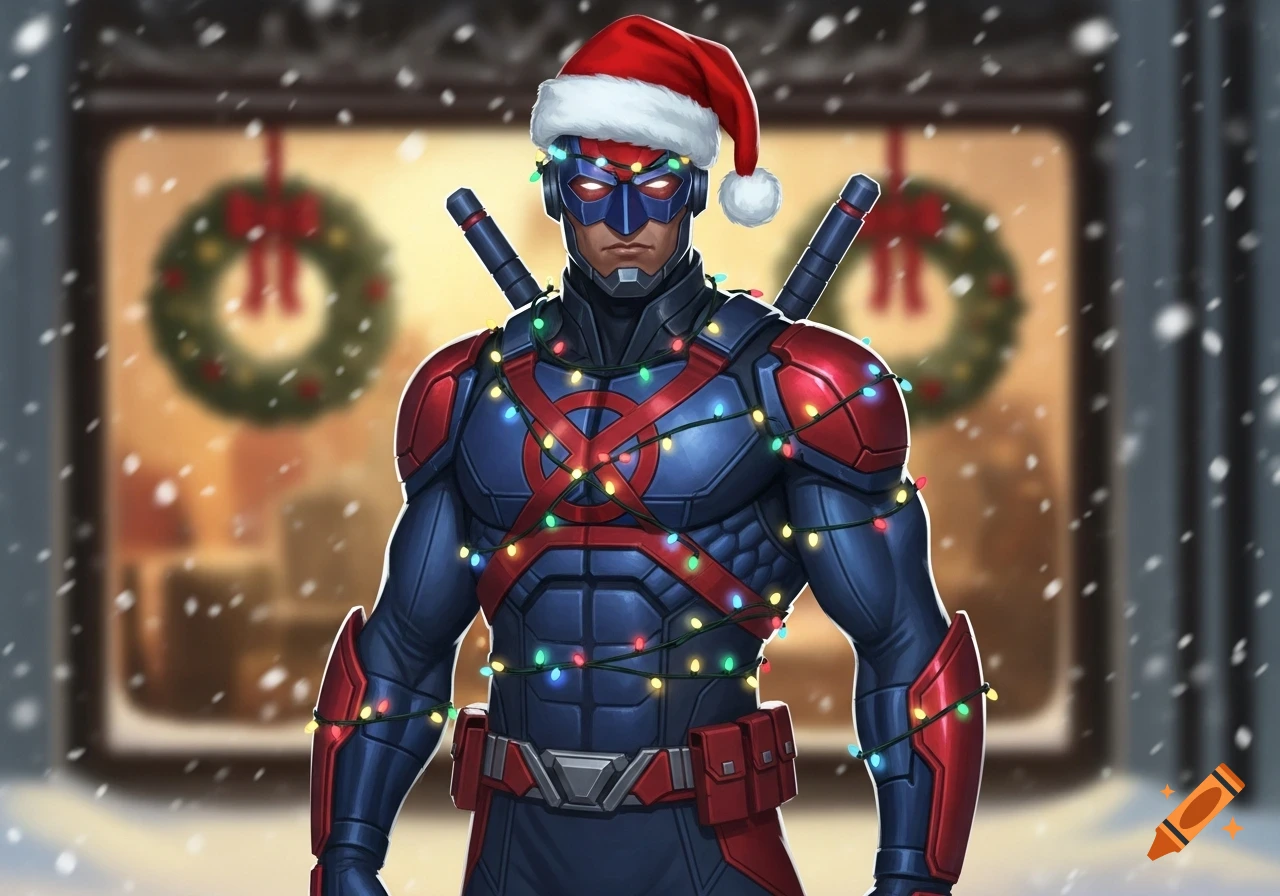 Comic book superhero Vigilante in a red and blue suit, wearing a Santa hat and Christmas lights, standing in snow.
