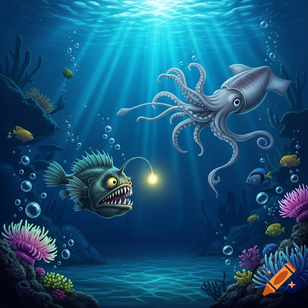 Vibrant cartoon illustration of a toothy anglerfish chasing a giant squid in the deep sea with coral and sun rays.