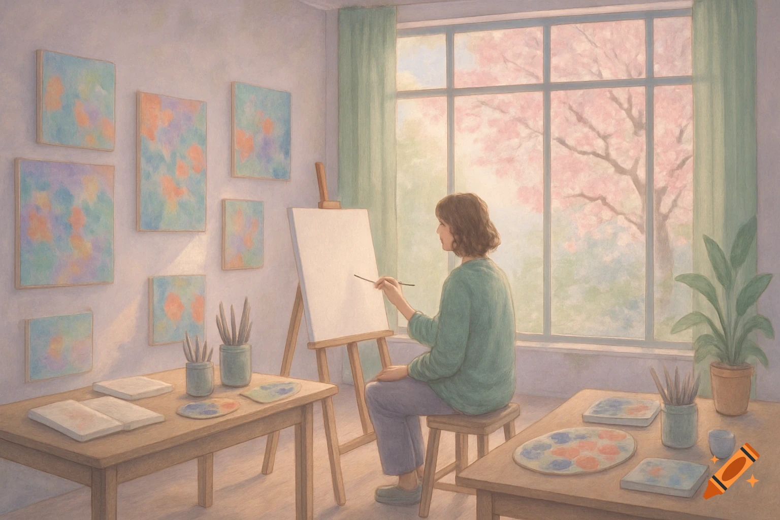A person in a sunlit art studio painting on an easel, with abstract artwork on the walls and a cherry blossom tree visible through the window.