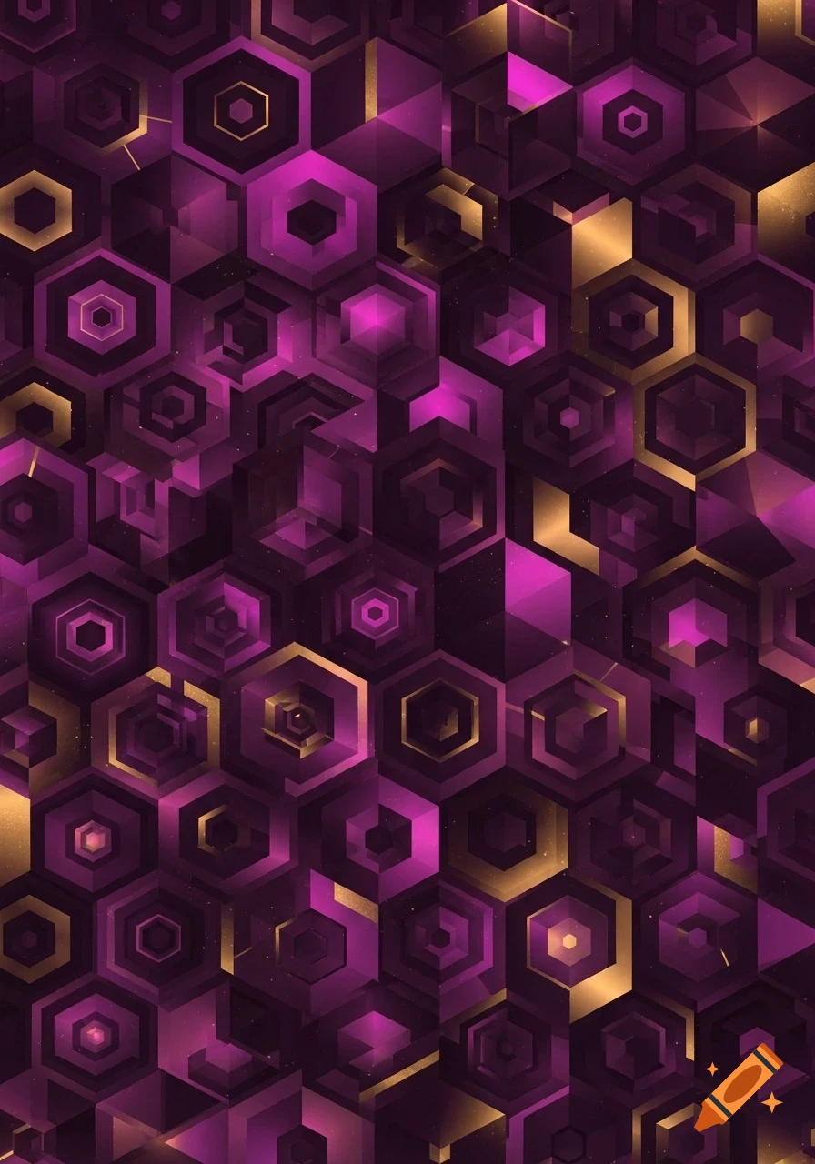 Abstract geometric pattern of layered purple, fuchsia, gold, and black hexagons.
