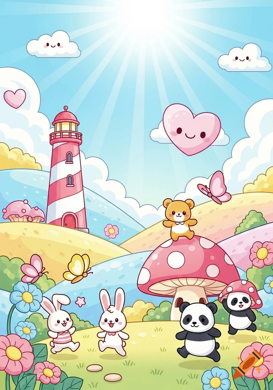 Vibrant cartoon landscape with a lighthouse, cute bunnies, pandas, a bear, mushrooms, and flowers under a sunny sky.