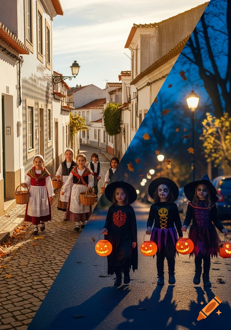 A split image showing children in two different settings. On the left, children in traditional costumes walk down a sunny cobblestone street. On the right, children in Halloween costumes trick-or-treat on a dark street at night.