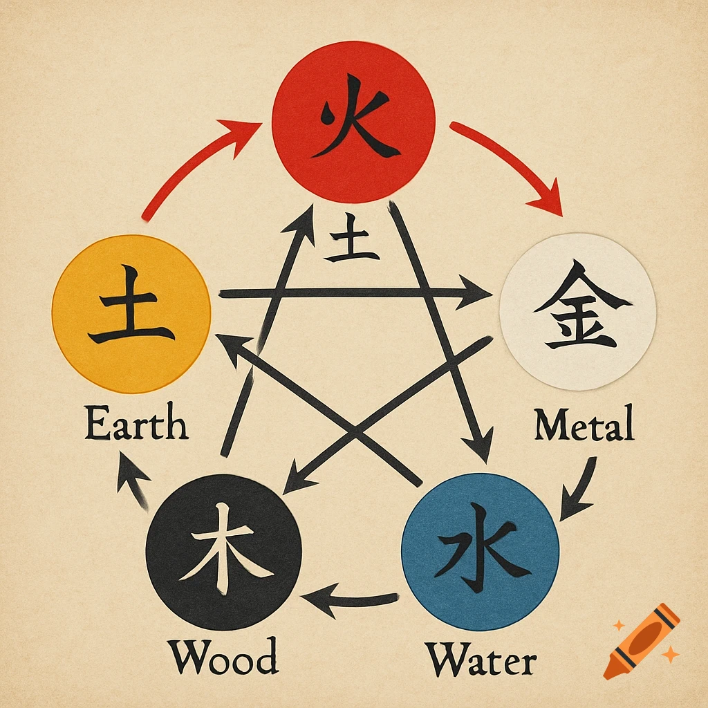 A diagram of the Five Elements Cycles of Generation and Control. Five colored circles (red, yellow, white, blue, black) are arranged in a pentagram, each labeled with a Chinese character and its English name (Fire, Earth, Metal, Water, Wood). Arrows connect the circles, illustrating the cycles.
