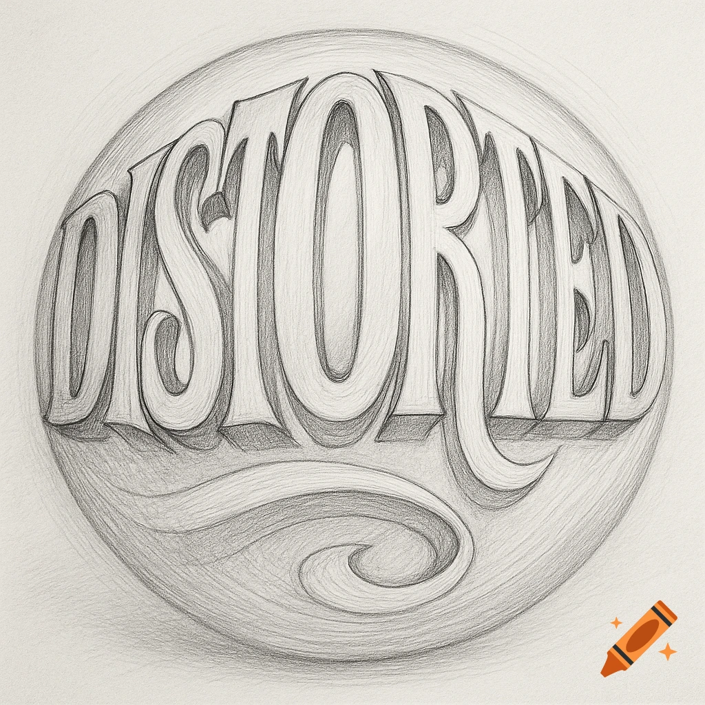 Pencil drawing of the word "DISTORTED" rendered in warped 3D typography, appearing to bulge outwards from a circular background.