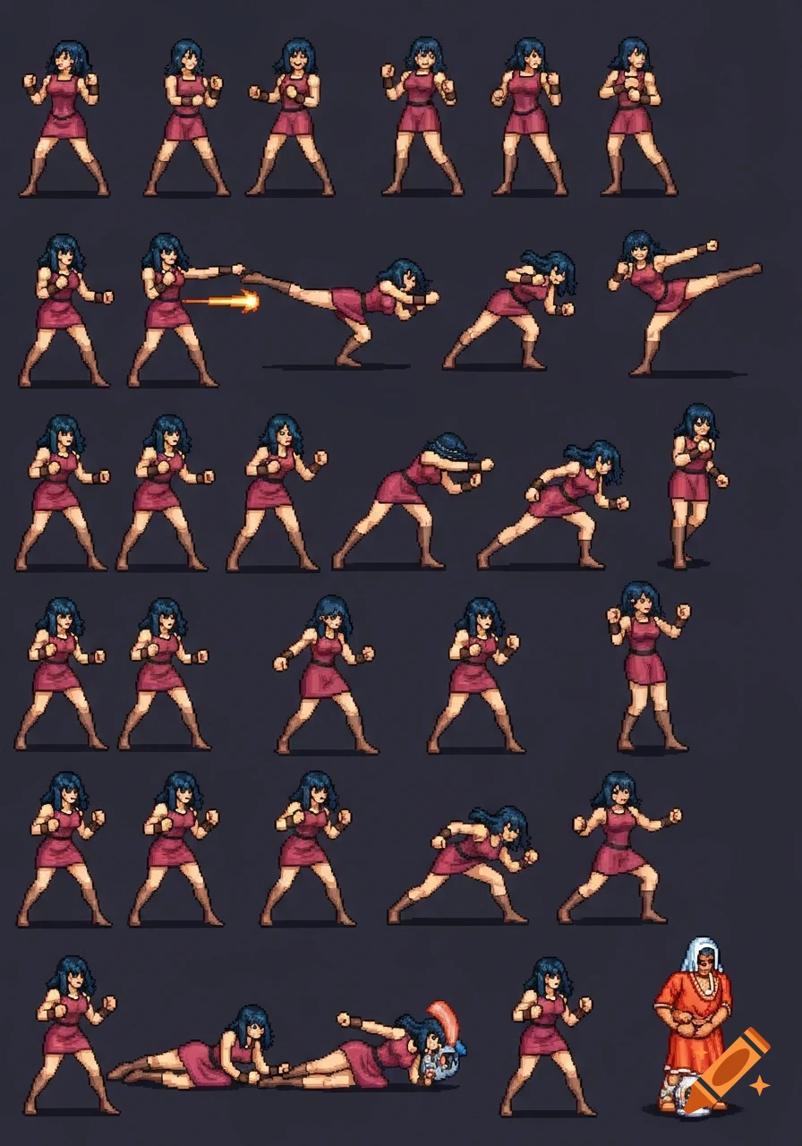 A pixel art sprite sheet featuring a woman in a red dress with dark hair, shown in various combat poses, including punches, kicks, and lying down. An older male character is also depicted.
