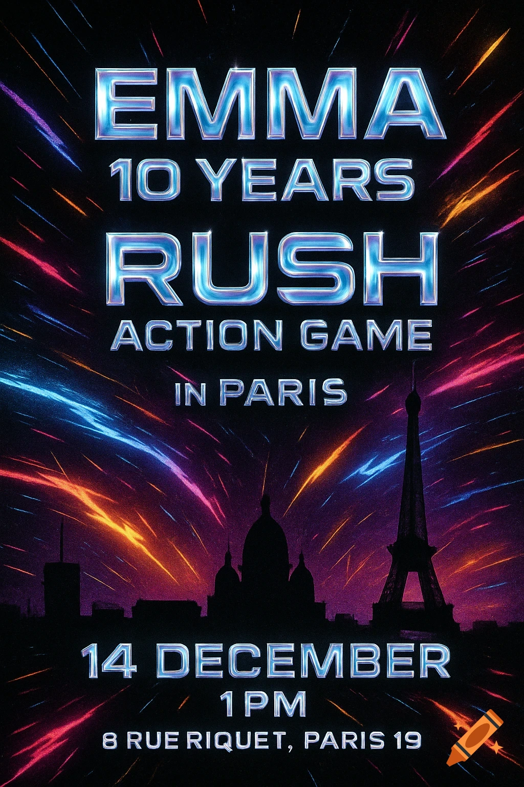A vibrant digital poster for an "EMMA 10 YEARS RUSH ACTION GAME IN PARIS" event, featuring metallic text, colorful light streaks, and a silhouette of the Paris skyline with the Eiffel Tower.