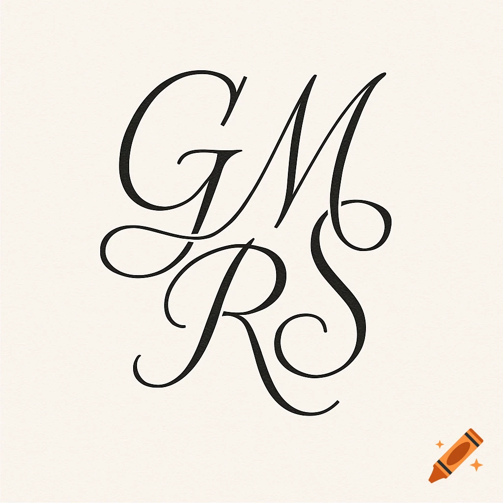 An elegant black script monogram with intertwined initials G, M, R, and S on a cream background, designed as a tattoo.