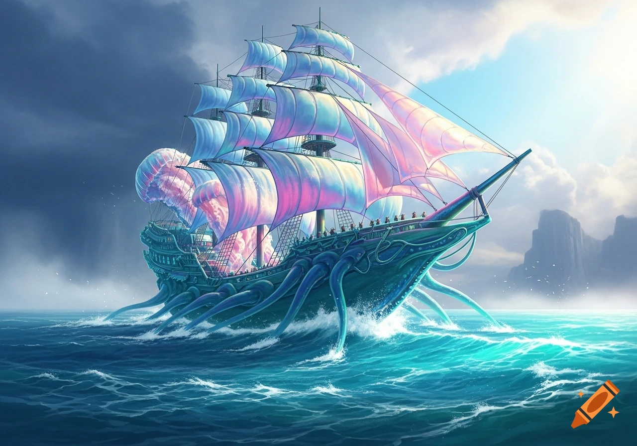 A vibrant fantasy ship with glowing pink and blue sails, made of dark blue organic forms with tentacles, sails on a teal ocean under a partly cloudy sky.