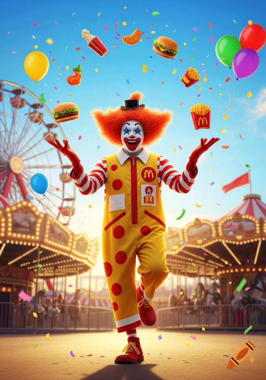 A clown in a red and yellow McDonald's-style costume juggles fast food items and balloons at a vibrant carnival.
