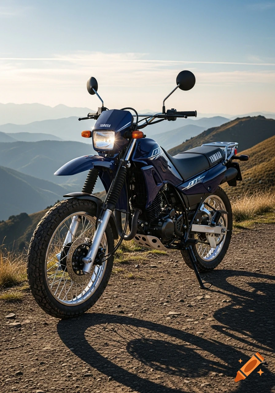 Dark blue Yamaha DT motorcycle parked on a dirt path with mountains in the background under a sunny sky.