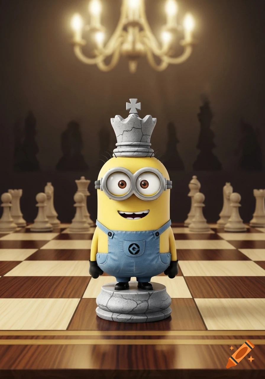 A 3D animated Minion wearing a stone king's crown and blue overalls stands as a chess piece on a chessboard with other pieces in the background.