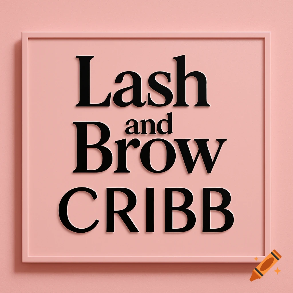 A square pink sign with raised black letters spelling 'Lash and Brow CRIBB' on a complementary light pink background.
