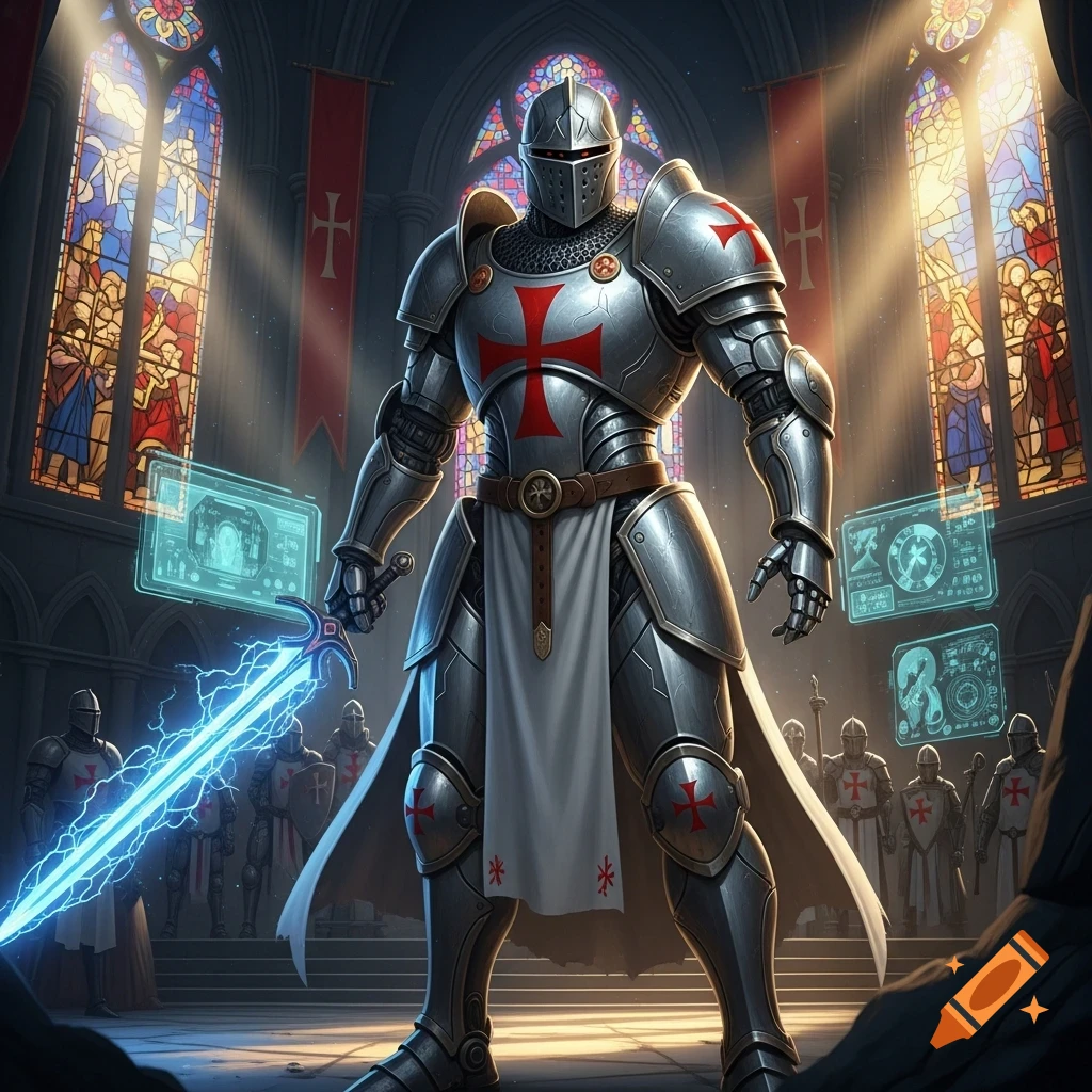 A futuristic Templar knight in silver armor with a glowing sword stands in a grand cathedral with holographic displays.
